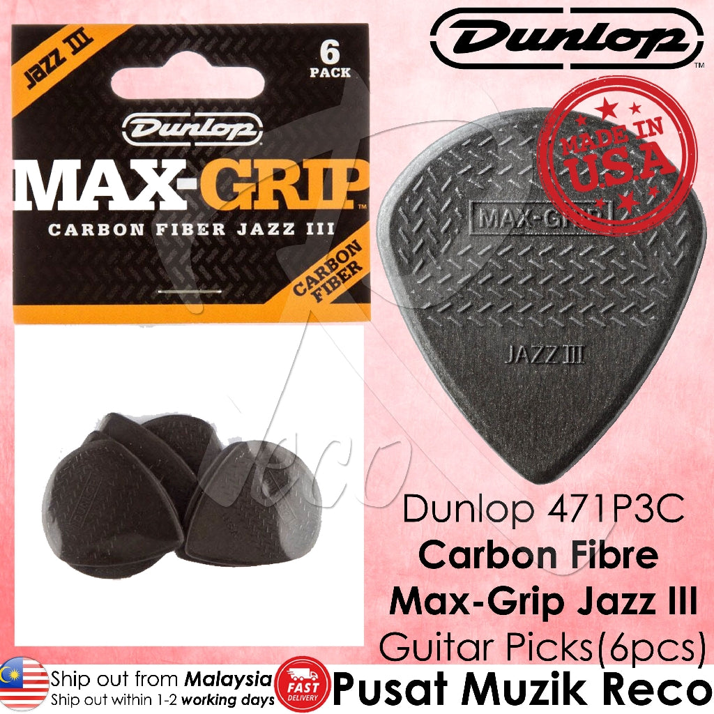 Jim Dunlop 471P3C Carbon Fiber Max Grip Jazz III 1.38mm Guitar Picks Player Pack - Reco Music Malaysia
