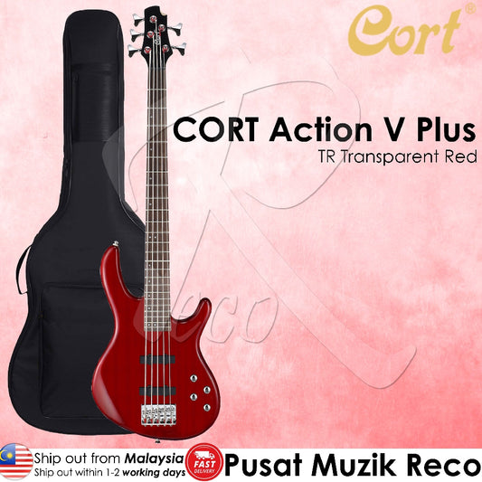 Cort ActionV+ Action V Plus TR Transparent Red 5 String Bass Guitar with Bag - Reco Music Malaysia