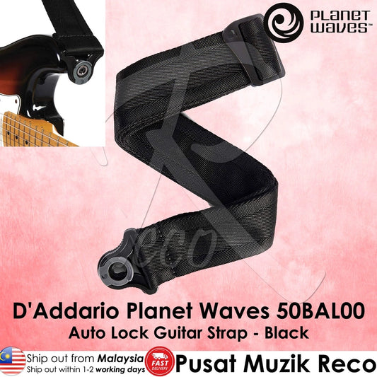 D'Addario Planet Waves 50BAL00 Auto Lock Nylon Woven Guitar/Bass Strap Black - Reco Music Malaysia