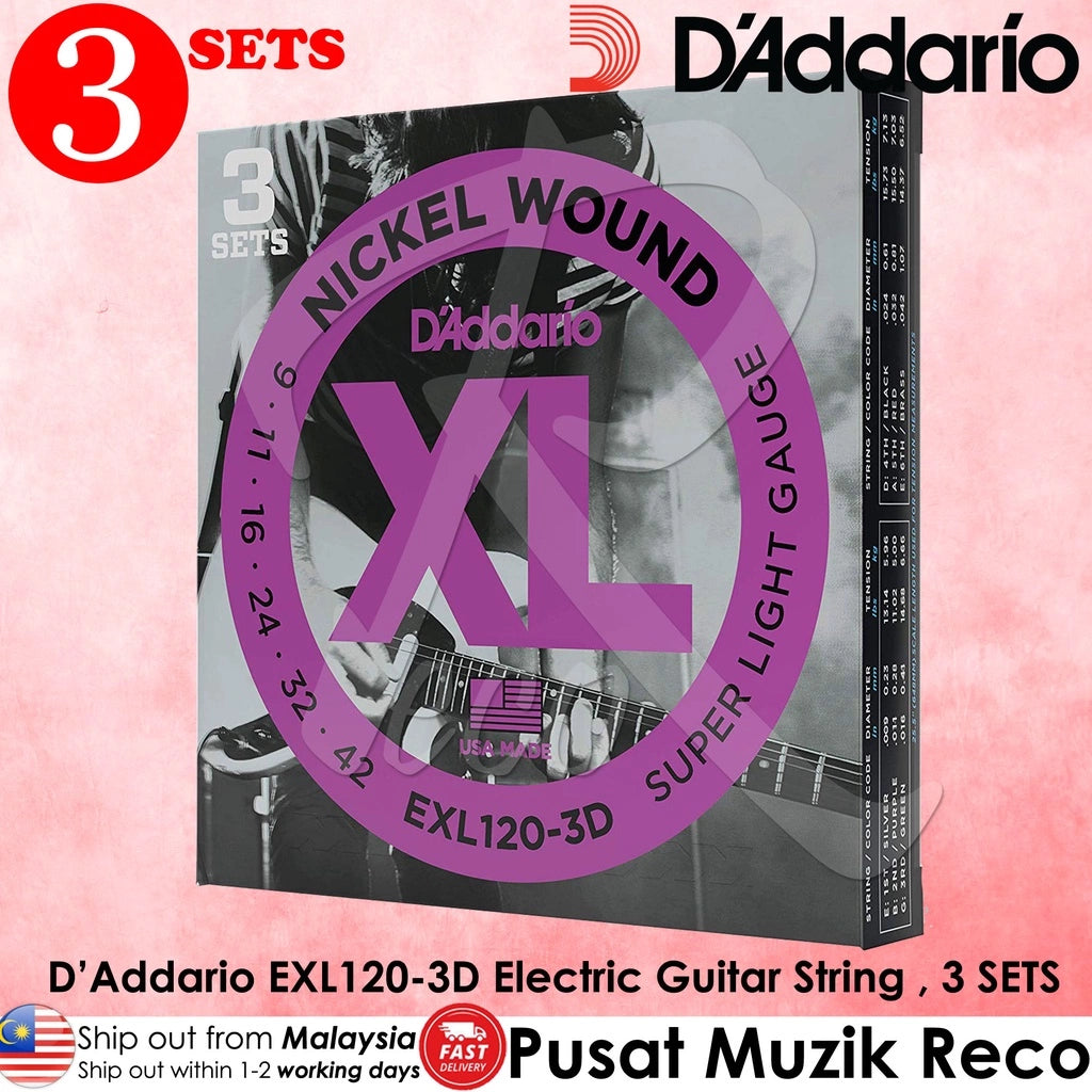 D'Addario EXL120-3D XL Nickel Wound Electric Guitar Strings Super Light 09-42 , 3 Sets | Reco Music Malaysia