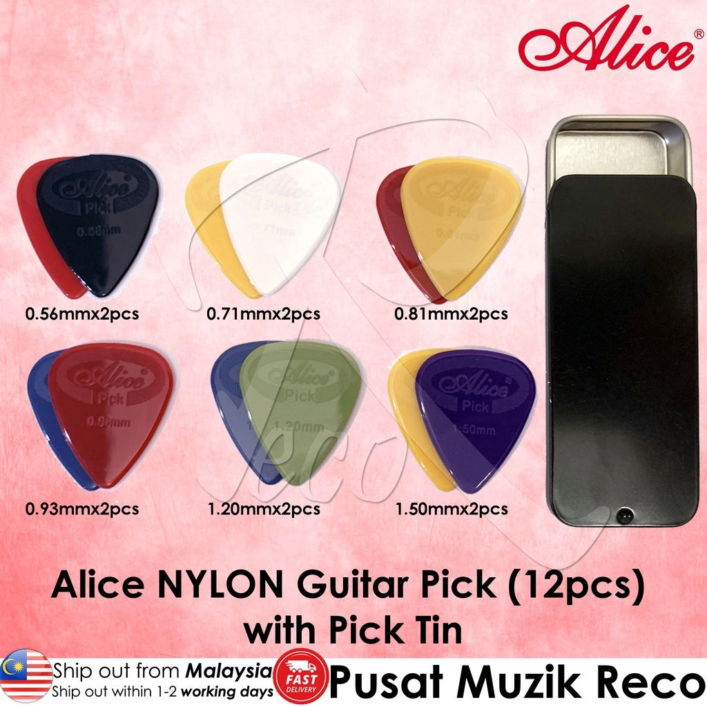 RM Alice Nylon Guitar Pick (12pcs) Mixed Size with Aluminum Pick Tin Pick Case - Reco Music Malaysia