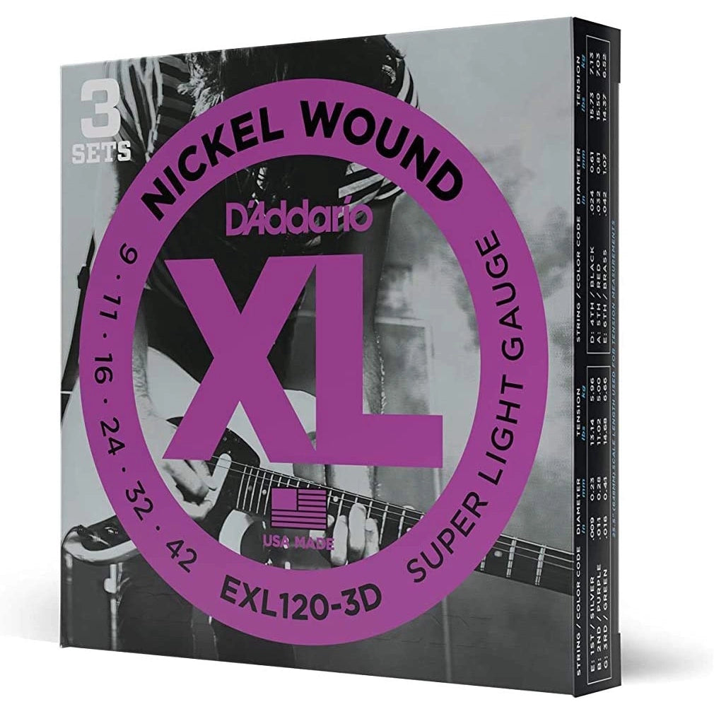 D'Addario EXL120-3D XL Nickel Wound Electric Guitar Strings Super Light 09-42 , 3 Sets | Reco Music Malaysia
