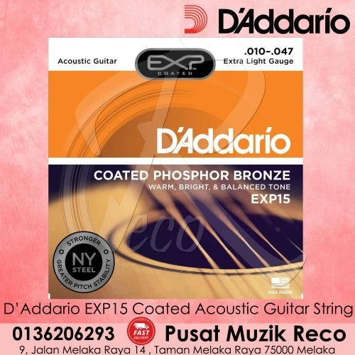 D'Addario EXP15 Coated Phosphor Bronze Acoustic Guitar String Extra Light 1047 - Reco Music Malaysia