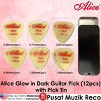 RM Alice GLOW IN DARK Luminous Fluorescent Guitar Pick (12pcs) Mixed Size with Aluminum Pick Tin Pick Case - Reco Music Malaysia
