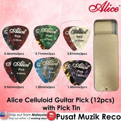 RM Alice Celluloid Guitar Pick (12pcs) Mixed Size with Aluminum Pick Tin Pick Case - Reco Music Malaysia