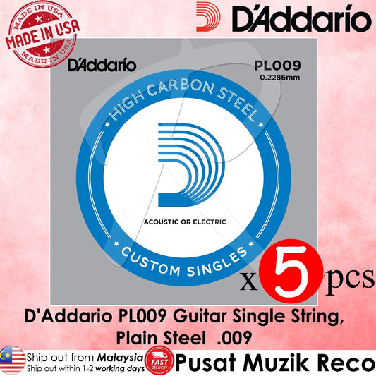 D'Addario PL009 Guitar Single String Plain Steel 009 Electric Guitar 1st String (Set Of 5) - Reco Music Malaysia