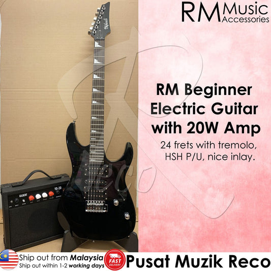 RM Beginner Electric Guitar Package with 20W Guitar Amp 24 frets Electric Guitar with Tremolo & Inlay - Reco Music Malaysia