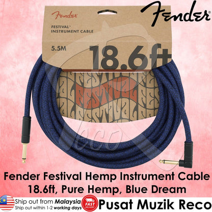 Fender 0990918073 Festival Hemp Braided Woven Straight to Right Angle Instrument Cable - 18.6ft , Blue Dream - Reco Music Malaysia