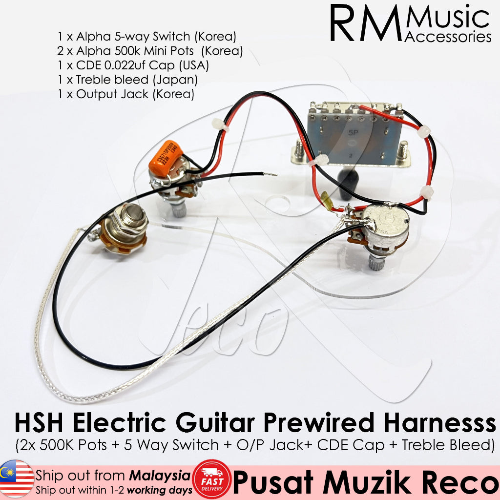RM GF1162 Custom Electric Guitar Prewired Guitar Wiring Electronics Harness Kit ( 2x500K Pots + 5 Way Switch + Jack ) - Reco Music Malaysia