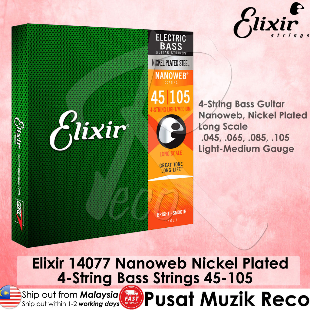 Elixir 14077 Nanoweb Medium Long Scale 4-String Electric Bass Strings 45-105 - Reco Music Malaysia