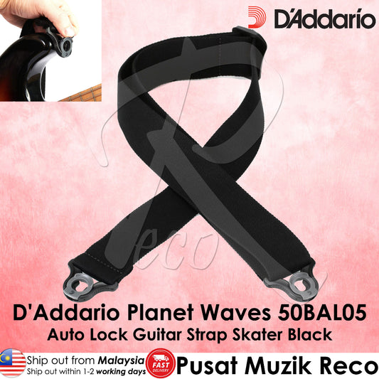 D'Addario Planet Waves 50BAL05 50mm Auto Lock Guitar Strap, Skater Black - Reco Music Malaysia