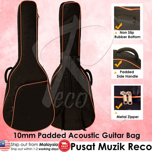 RM RAB70 10mm Padded Acoustic Guitar Bag Double Padded Shoulder Strap Large Front Pocket - Reco Music Malaysia