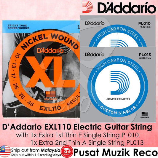 D'Addario EXL110 + PL010 + PL013 Nickel Wound Electric Guitar Strings Regular Light 10-46 - Reco Music Malaysia