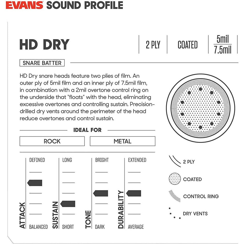 Evans B13HDD Genera HD Dry COATED 13" Snare Drumhead Tom Drum Head - Reco Music Malaysia