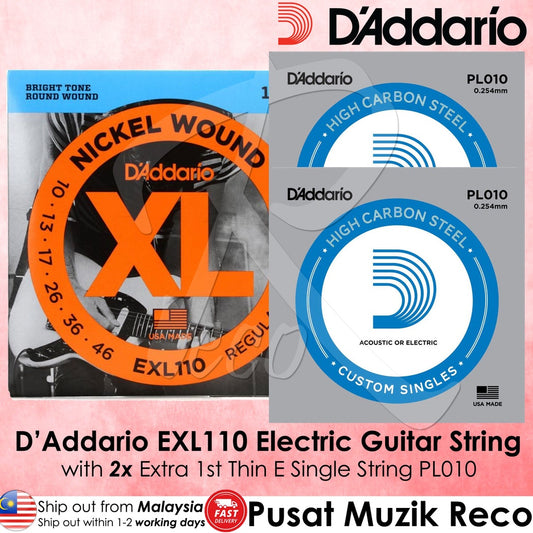 D'Addario EXL110 + PL010 x 2pcs Nickel Wound Electric Guitar Strings Regular Light 10-46 - Reco Music Malaysia