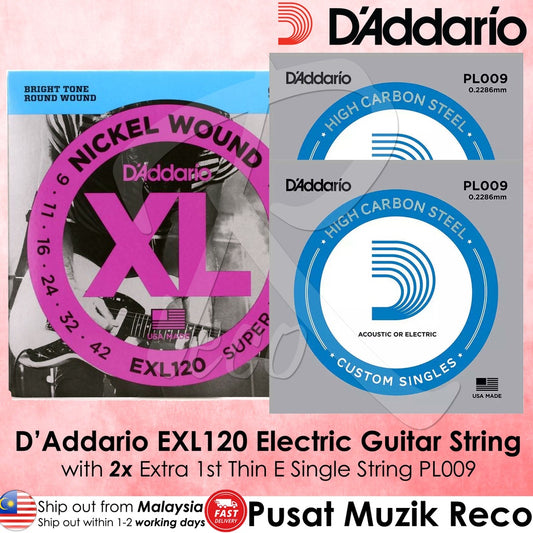 D'Addario EXL120+PL009(2pc) Nickel Wound Electric Guitar Strings, Super Light, 9-42 - Reco Music Malaysia