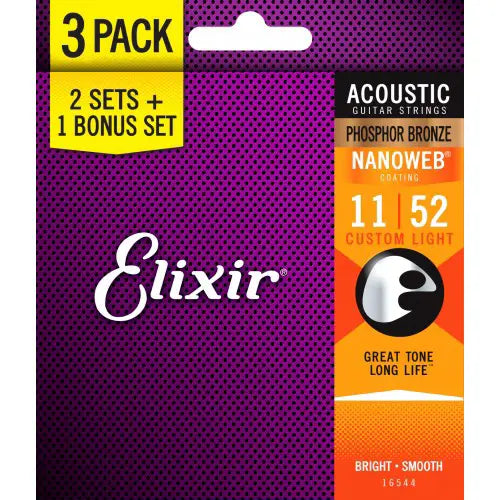 Elixir 16544 Nanoweb Phosphor Bronze Acoustic Guitar String 1152 Custom Light , 3 Pack - Reco Music Malaysia