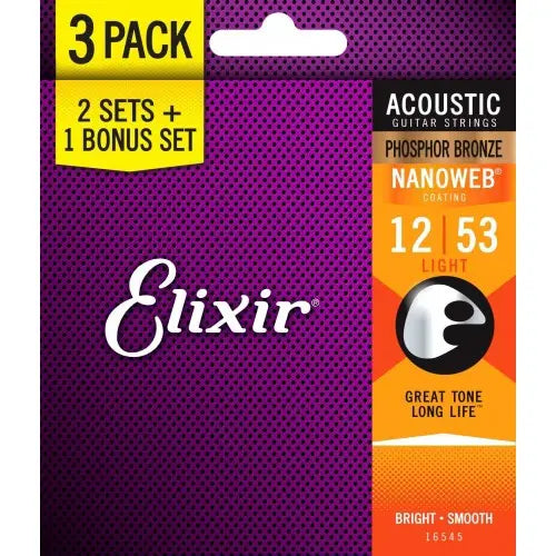Elixir 16545 Nanoweb Phosphor Bronze Acoustic Guitar String 1253 Light , 3 Pack - Reco Music Malaysia