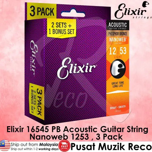Elixir 16545 Nanoweb Phosphor Bronze Acoustic Guitar String 1253 Light , 3 Pack - Reco Music Malaysia