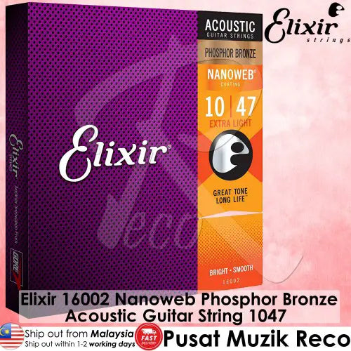 Elixir 16002 Nanoweb Phosphor Bronze Acoustic Guitar String 1047 Extra Light - Reco Music Malaysia