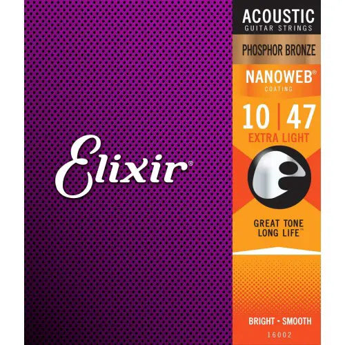 Elixir 16002 Nanoweb Phosphor Bronze Acoustic Guitar String 1047 Extra Light - Reco Music Malaysia